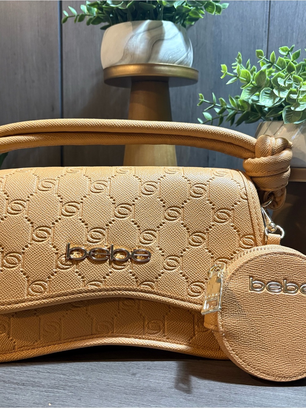 bebe Tan Embossed Logo Shoulder Bag with Coin Pouch